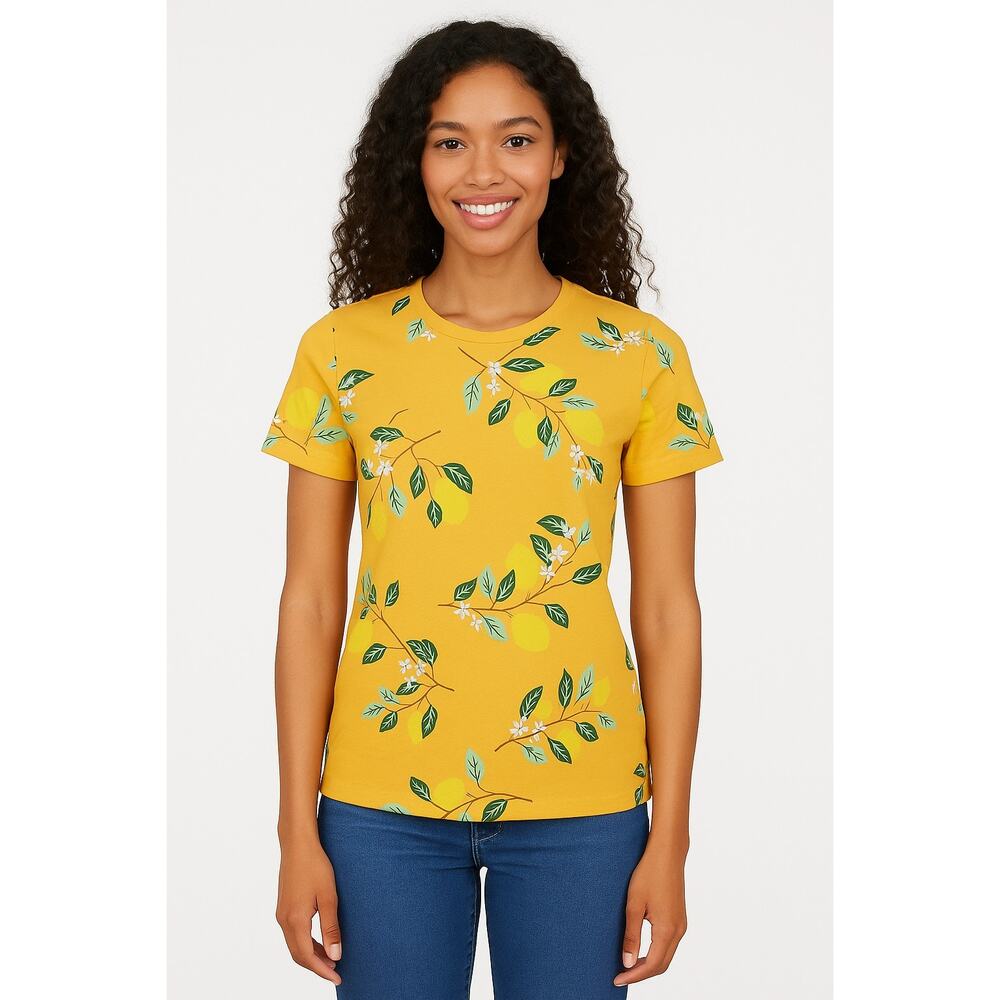 Denim & Co. Women’s Lemon Print Short Sleeve T-Shirt –Size Small color tangerine